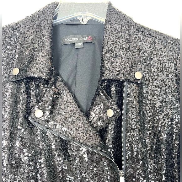 NWOT Colleen Lopez Sparkling Black Sequin Moto Jacket L - Picture 3 of 7